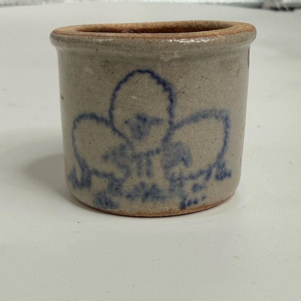 stoneware crock handmade miniature by artisan Jane Graber, blue salt glaze sheep
